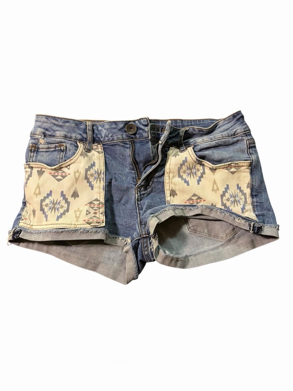 Levi's Superlow vintage denim cutoff shorts Aztec pocket trim Y2K indie pop